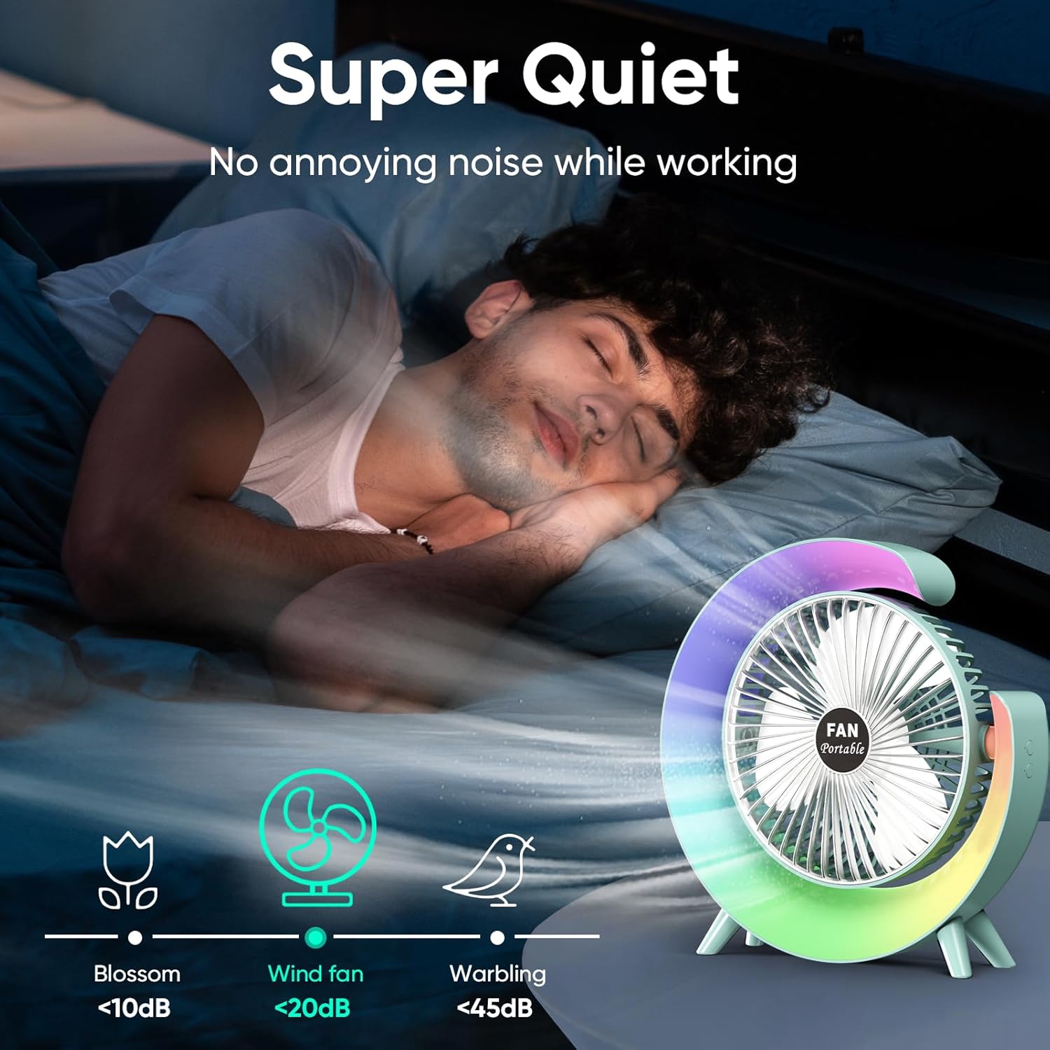 Ventilador de mesa portátil blanco con luz RGB